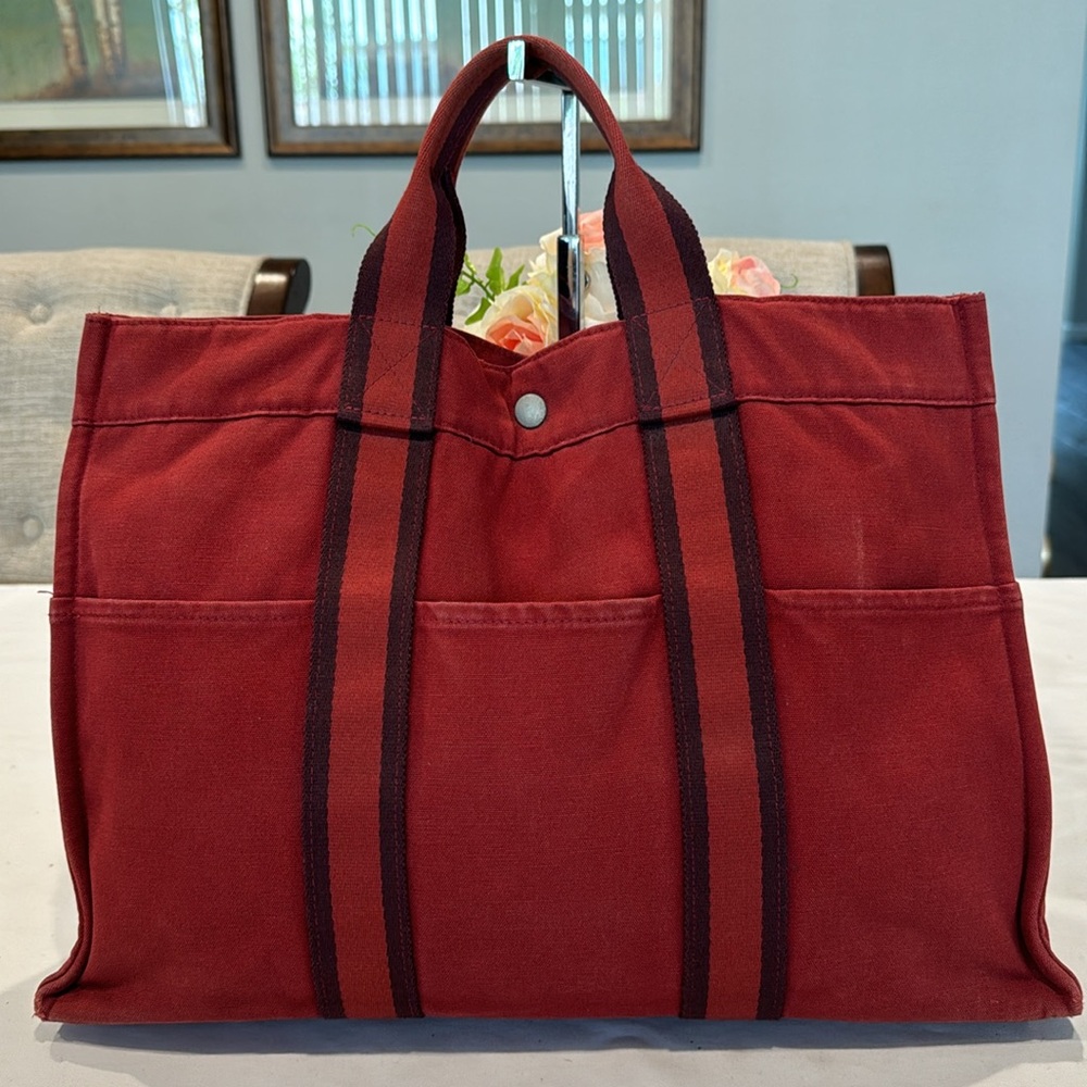 Hermes Red Canvas Tote Bag